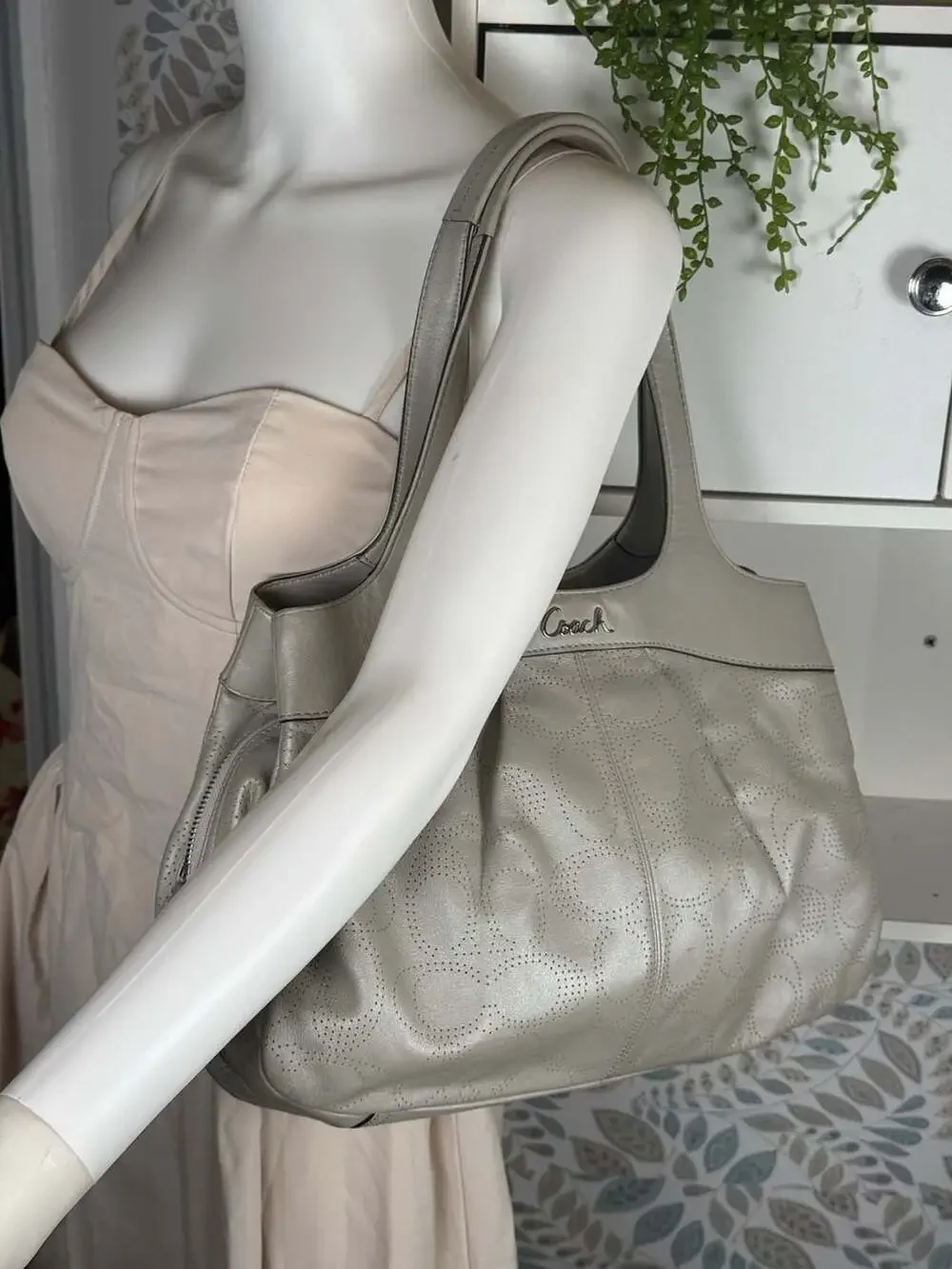 Coach Metallic Silver Perforated Leather Hobo Handbag F19258